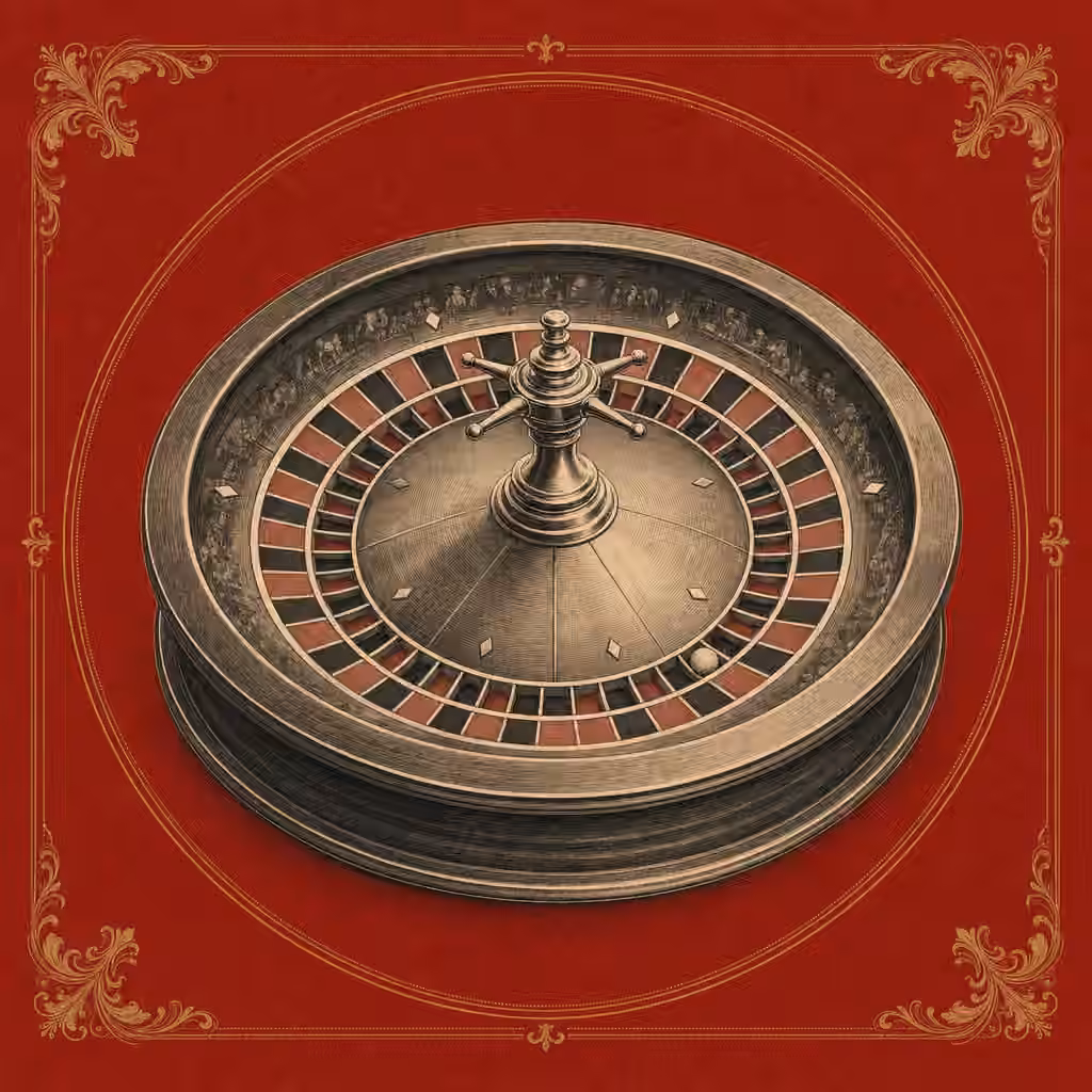 Ilustración grabada de una ruleta europea de 37 casillas sobre fondo escarlata